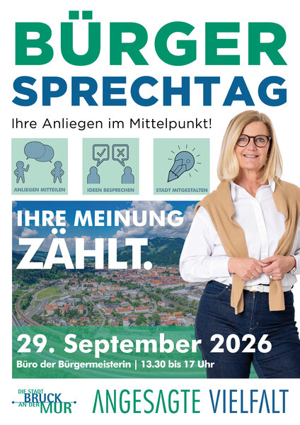 Bürgersprechtag Bruck an der Mur: Frau mit Brille lächelt, Stadtansicht, 29. September 2026